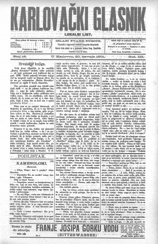 Karlovački glasnik : lokalni list : 3,16(1901) / odgovorni urednik Dragutin Hauptfeld.