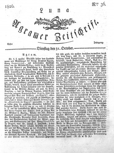 Luna Agramer Zeitschrift : 1,36(1826) / Herausgeber und Redacteurs F. S. Stauduar.