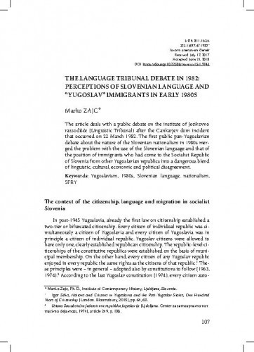 The language tribunal debate in 1982 : perceptions of Slovenian language and 
