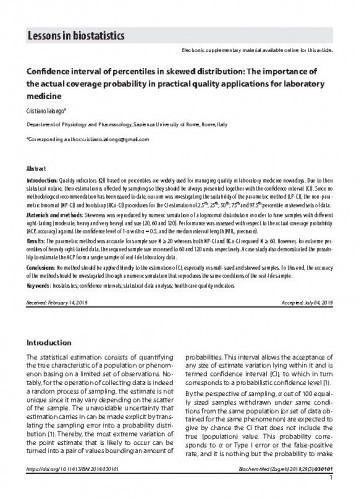 Confidence interval of percentiles in skewed distribution : the importance of the actual coverage probability in practical quality applications for laboratory medicine / Cristiano Ialongo.