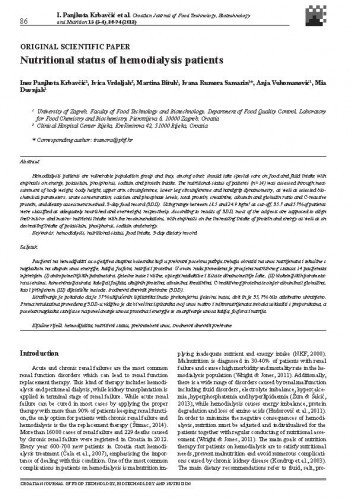 Nutritional status of hemodialysis patients /Ines Panjkota Krbavčić, Ivica Vrdoljak, Martina Bituh, Ivana Rumora Samarin, Anja Vukomanović, Mia Duvnjak.