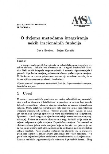 O dvjema metodama integriranja nekih iracionalnih funkcija /Denis Benčec, Bojan Kovačić.