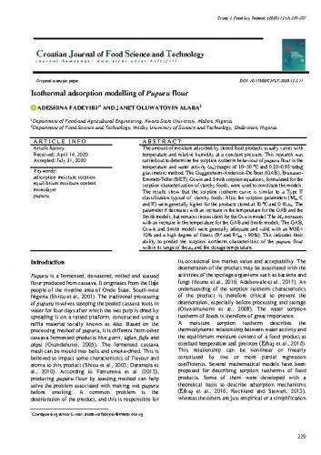 Isothermal adsorption modelling of pupuru flour / Adeshina Fadeyebi, Janet Oluwatoyin Alaba.