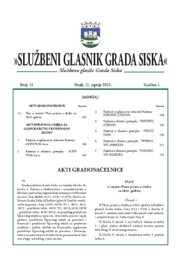 Službeni glasnik Grada Siska :  službeno glasilo Grada Siska : 1,14(2022) / uredništvo Gordana Karapandža Prica ... [et al.].