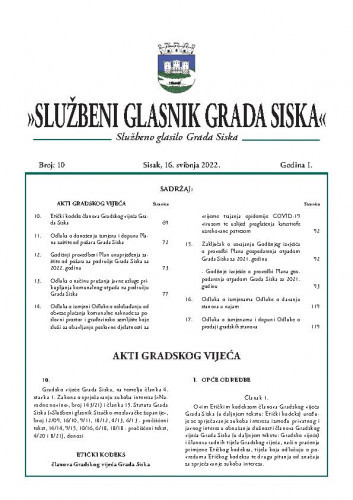 Službeni glasnik Grada Siska : službeno glasilo Grada Siska : 1,10(2022) / uredništvo Gordana Karapandža Prica ... [et al.].