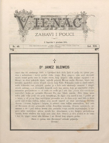 Vienac : zabavi i pouci. : 13,49(1881) / urednik August Šenoa.