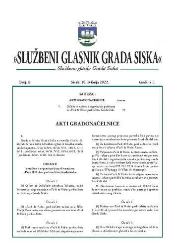 Službeni glasnik Grada Siska : službeno glasilo Grada Siska : 1,8(2022) / uredništvo Gordana Karapandža Prica ... [et al.].