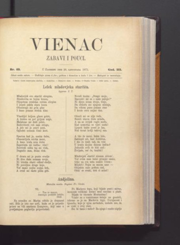 Vienac : zabavi i pouci. : 3,43(1871) / urednik Ivan Dežman.