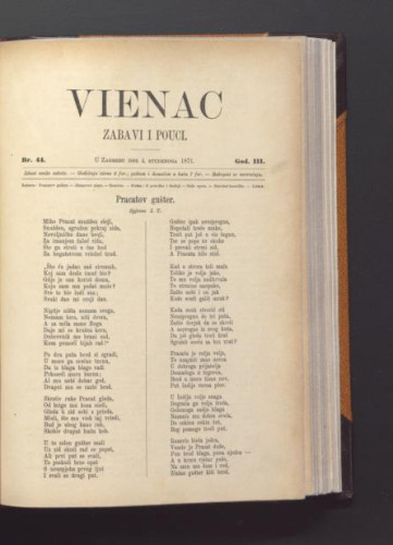 Vienac : zabavi i pouci. : 3,44(1871) / urednik Ivan Dežman.