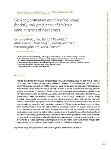 Genetic parameters and breeding values for daily milk production of Holstein cows in terms of heat stress / Goran Vučković, Tina Bobić, Pero Mijić, Mirna Gavran, Maja Gregić, Klemen Potočnik, Vladan Bogdanović, Vesna Gantner.
