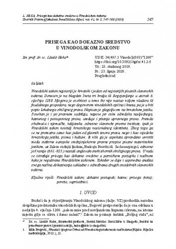 Prisega kao dokazno sredstvo u Vinodolskom zakonu / László Heka.