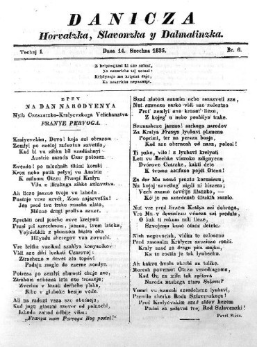 Danicza horvatzka, slavonzka y dalmatinzka : 1,6(1835)   / [redaktor Ljudevit Gaj].