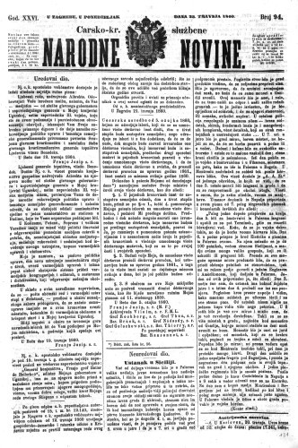 Carsko-kr. službene narodne novine : 26,94(1860)  / odgovorni učrednik Dr. Demeter.
