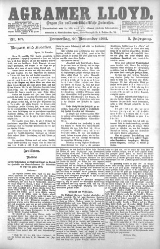 Agramer Lloyd  : organ für volkswirtschaftliche Interessen : 5,157(1902) / verantwortlicher Redacteur E. L. Blau.