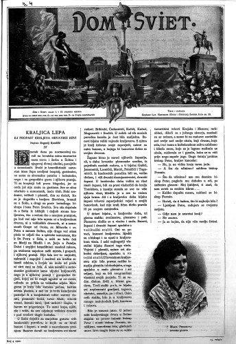 Dom i sviet  : ilustrovani list za zabavu, pouku i viesti dnevnih dogadjajih, javnom i družtvenom životu, umjetnosti i znanosti, trgovini, obrtu, glasbi i kazalištu : 15,4(1902) / urednik Stjepan Kugli.