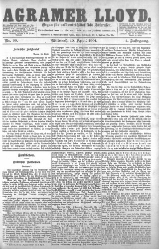 Agramer Lloyd  : organ für volkswirtschaftliche Interessen : 4,99(1901) / verantwortlicher Redacteur E. L. Blau.