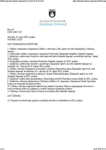 Službeni glasnik Zadarske županije : 29,26(2022) /  glavna urednica Marina Plenča Alibašić.