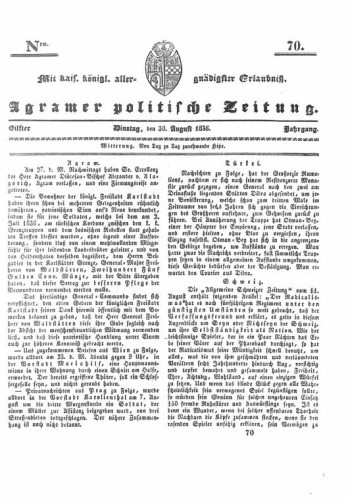 Agramer politische Zeitung : 11,70(1836) / Verlager und Redacteur Franz Stauduar und Ferd. Rosenau.