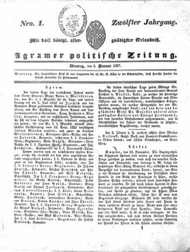 Agramer politische Zeitung : 12,1(1837) / Verlager und Redacteur Franz Stauduar und Ferd. Rosenau.