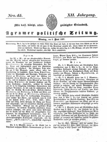 Agramer politische Zeitung : 12,45(1837) / Verlager und Redacteur Franz Stauduar und Ferd. Rosenau.