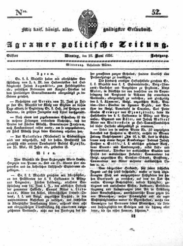 Agramer politische Zeitung : 11,52(1836) / Verlager und Redacteur Franz Stauduar und Ferd. Rosenau.