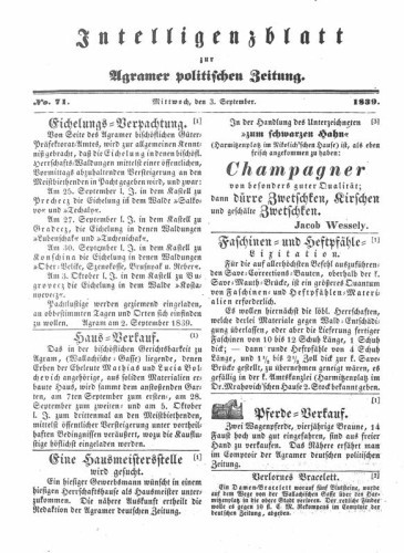 Agramer politische Zeitung : 14,71(1839) / Verlager und Redacteur Franz Stauduar und Ferdinand Rosenau.