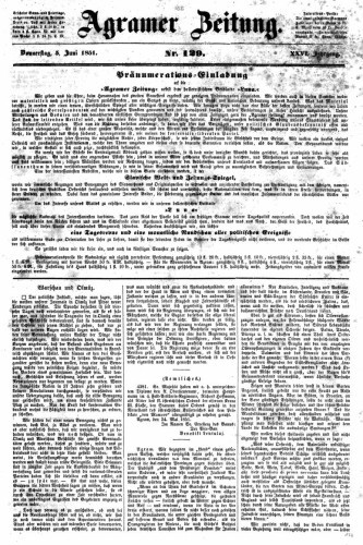 Agramer Zeitung : 26,129(1851) / für die Redaktion verantwortlich Ivan Sonvan
