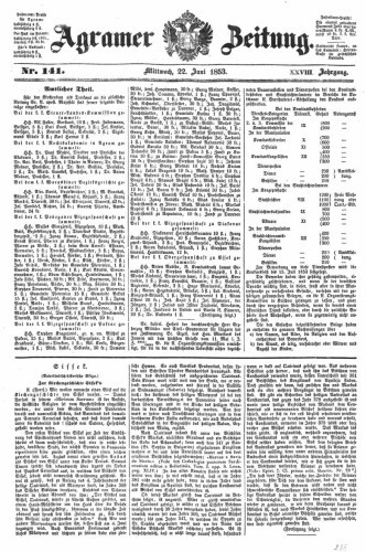 Agramer Zeitung : 28,141(1853) / Redakteur und Verleger F. S. Stauduar.