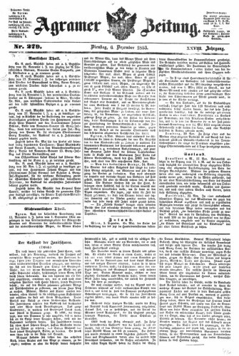Agramer Zeitung : 28,279(1853) / Redakteur und Verleger F. S. Stauduar.