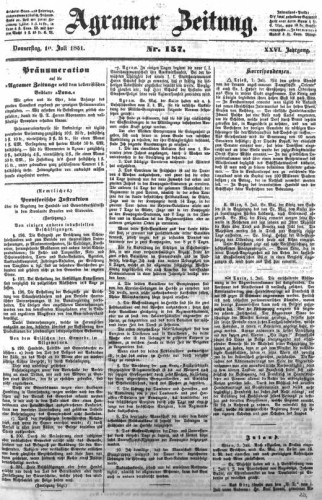 Agramer Zeitung : 26,157(1851) / für die Redaktion verantwortlich Ivan Sonvan. 