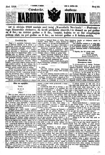 Carsko-kr. službene narodne novine : 22,13(1856)  / privremeni učrednik Dr. Demeter.