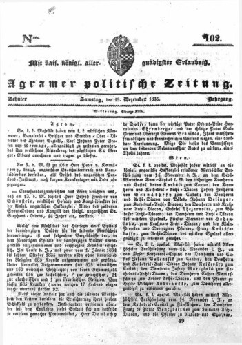 Agramer politische Zeitung : 10,102(1835) / Verlager und Redacteur Franz Stauduar und Ferd. Rosenau.