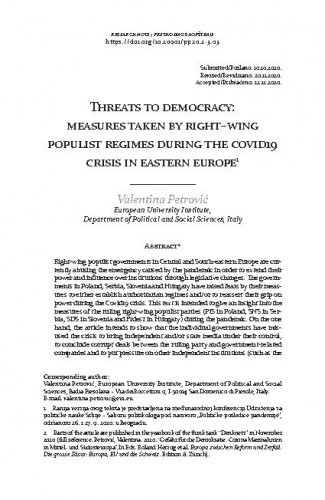 Threats to democracy : measures taken by right–wing populist regimes during the Covid19 crisis in Eastern Europe / Valentina Petrović.