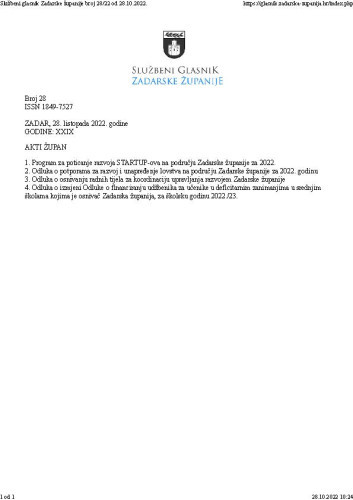 Službeni glasnik Zadarske županije : 29,28(2022) /  glavna urednica Marina Plenča Alibašić.