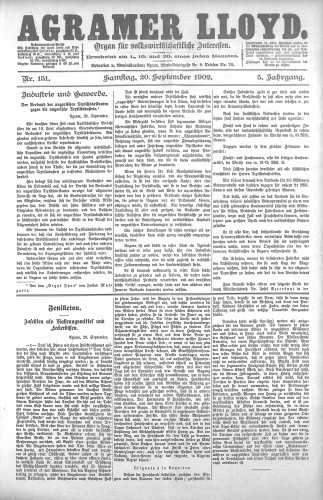 Agramer Lloyd  : organ für volkswirtschaftliche Interessen : 5,151(1902) / verantwortlicher Redacteur E. L. Blau.
