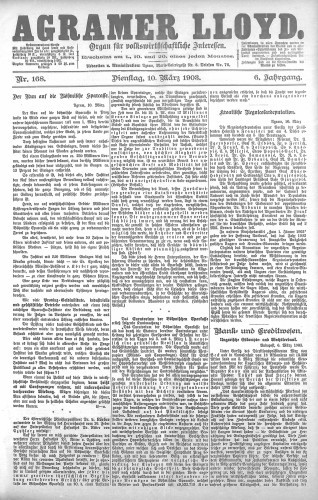 Agramer Lloyd  : organ für volkswirtschaftliche Interessen : 6,168(1903) / verantwortlicher Redacteur E. L. Blau.