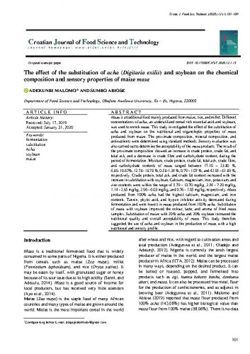 The effect of the substitution of acha (Digitaria exilis) and soybean on the chemical composition and sensory properties of maize masa / Adekunbi Malomo, Sumbo Abiose.