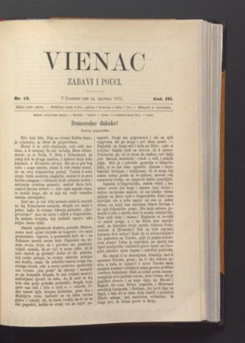 Vienac : zabavi i pouci. : 3,15(1871) / urednici Ivan Perkovac i Ivan Dežman.