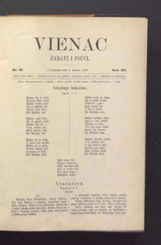 Vienac : zabavi i pouci. : 3,27(1871) / urednik Ivan Dežman.