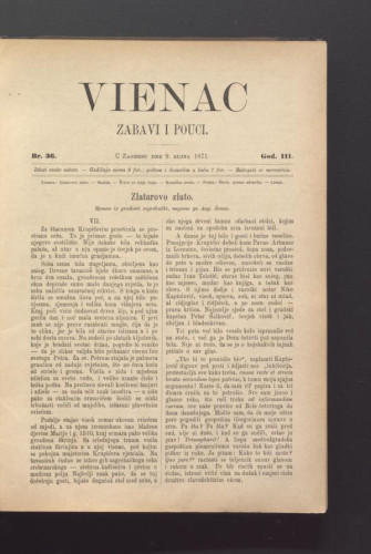 Vienac : zabavi i pouci. : 3,36(1871) / urednik Ivan Dežman.