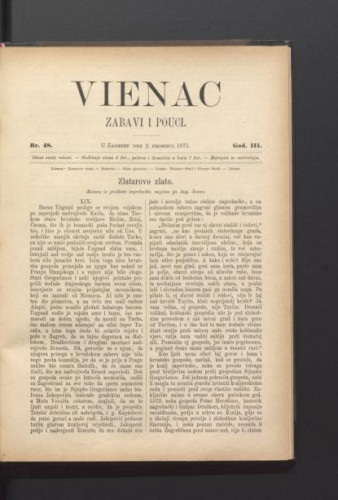 Vienac : zabavi i pouci. : 3,48(1871) / urednik Ivan Dežman.