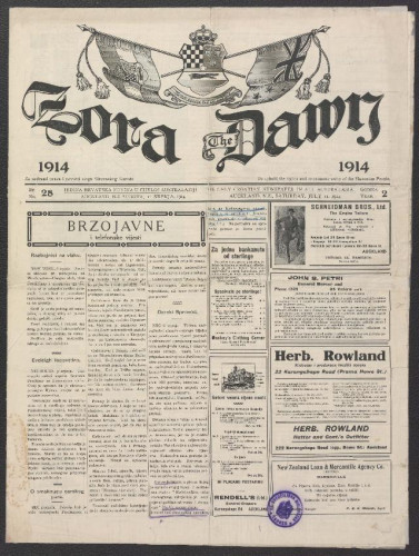 Zora : jedina hrvatska novina u cijeloj Australaziji = The Dawn : the only Croatian newspaper in all Australasia : 2, 28(1914).