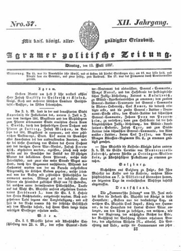 Agramer politische Zeitung : 12,57(1837) / Verlager und Redacteur Franz Stauduar und Ferd. Rosenau.