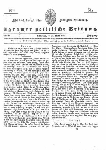 Agramer politische Zeitung : 11,51(1836) / Verlager und Redacteur Franz Stauduar und Ferd. Rosenau.