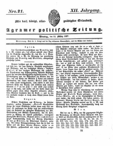 Agramer politische Zeitung : 12,21(1837) / Verlager und Redacteur Franz Stauduar und Ferd. Rosenau.