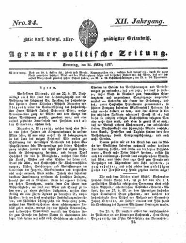 Agramer politische Zeitung : 12,24(1837) / Verlager und Redacteur Franz Stauduar und Ferd. Rosenau.