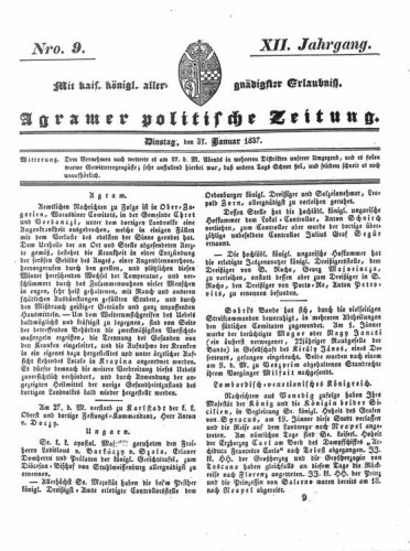 Agramer politische Zeitung : 12,9(1837) / Verlager und Redacteur Franz Stauduar und Ferd. Rosenau.