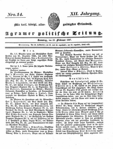 Agramer politische Zeitung : 12,14(1837) / Verlager und Redacteur Franz Stauduar und Ferd. Rosenau.