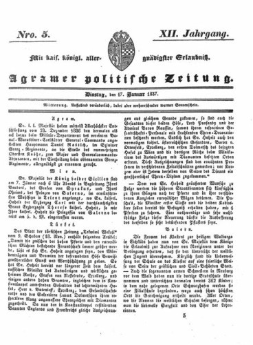 Agramer politische Zeitung : 12,5(1837) / Verlager und Redacteur Franz Stauduar und Ferd. Rosenau.
