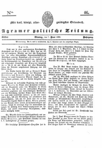 Agramer politische Zeitung : 11,46(1836) / Verlager und Redacteur Franz Stauduar und Ferd. Rosenau.
